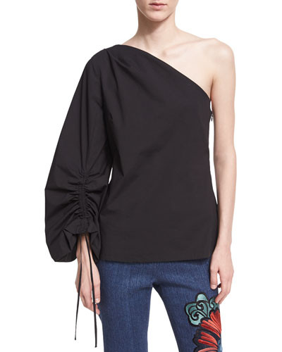 One-Shoulder Balloon-Sleeve Poplin Top | Neiman Marcus