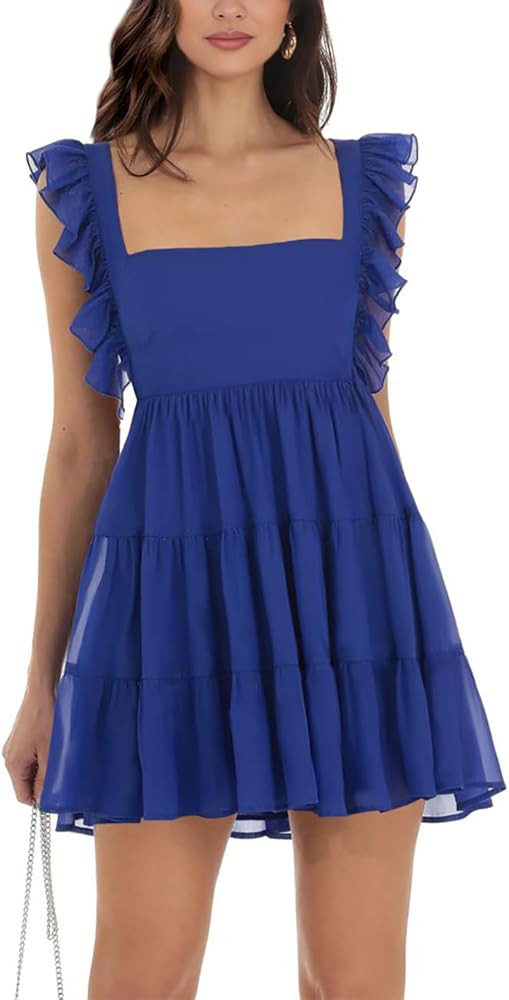 Women’s Summer Square Neck Tie Back Ruffle Sleeve Tiered Casual A-Line Short Mini Dress | Amazon (US)