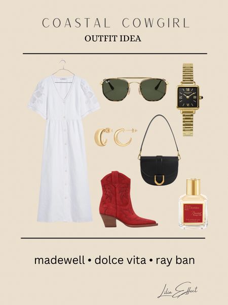 Coastal cowgirl outfit idea for summer 

White embroidered dress • red cowboy boots • black and gold bag • gold rectangular watch • gold earrings • ray ban