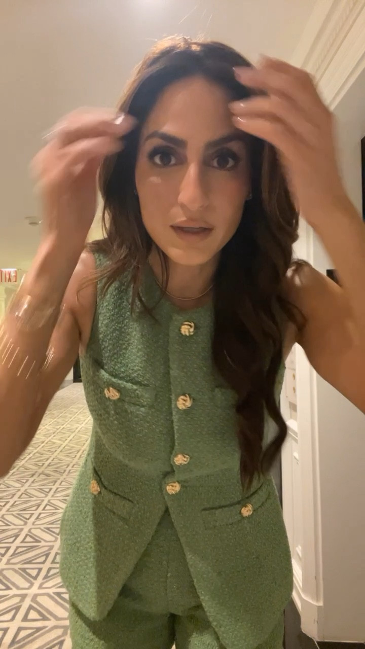 Green tweed set wearing size small in both top & bottoms 

#LTKVideo #LTKover40