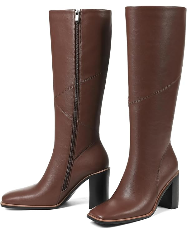 Women’s Knee High Boots-Waterproof Square Toe Chunky Block Heel Leather Boot,Wide Calf Botas Pa... | Amazon (US)