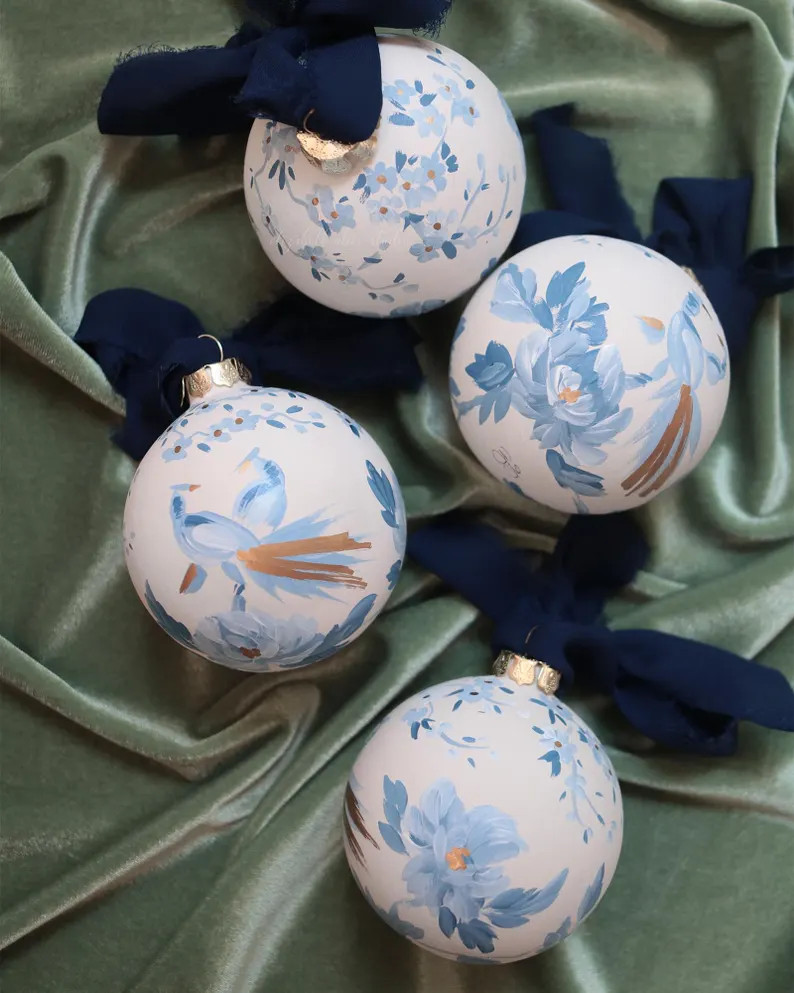 Peacock and Peony, Chinoiserie Blue and White, Hand-painted Ornament - Etsy | Etsy (US)