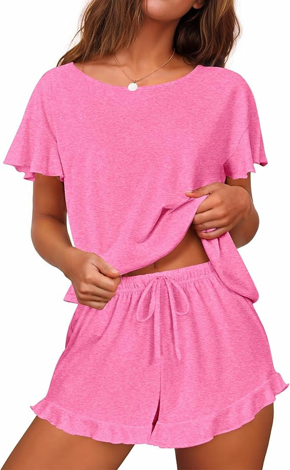 Ekouaer Women's Pajama Set Ruffle Sleeves Top and Short Soft 2 Piece Loungewear Set | Amazon (US)