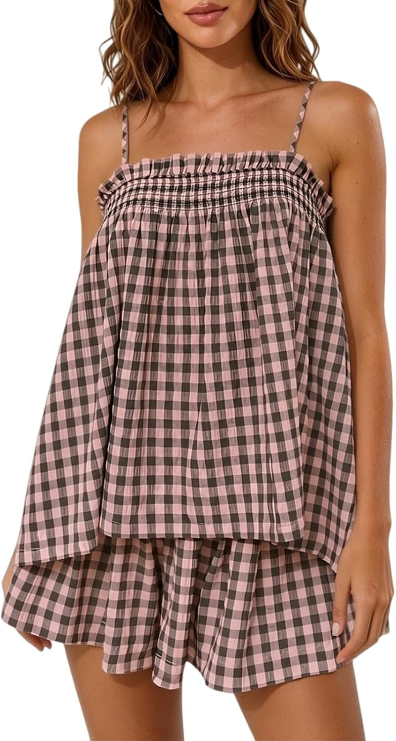 Women Y2K 2 Piece Gingham Sets Babydoll Tank Top Plaid Shorts Pajamas Set | Amazon (US)