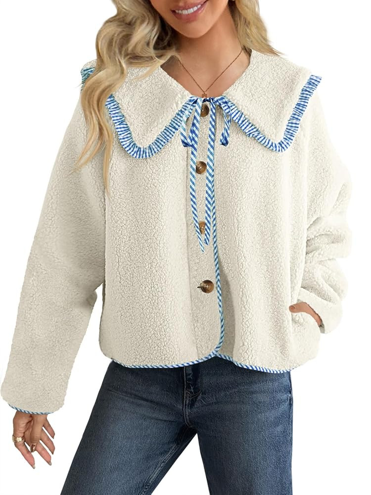 Tankaneo Womens Fuzzy Fleece Jacket Peter Pan Collar Button Down Fall Winter Sherpa Coats Colorbl... | Amazon (US)