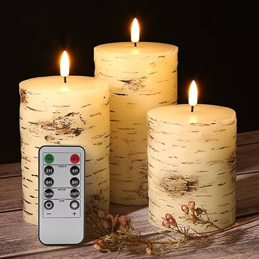 Eywamage Birch Wood Flameless Pillar Candles with Remote, Flickering LED Wax Battery Candles Set ... | Amazon (US)