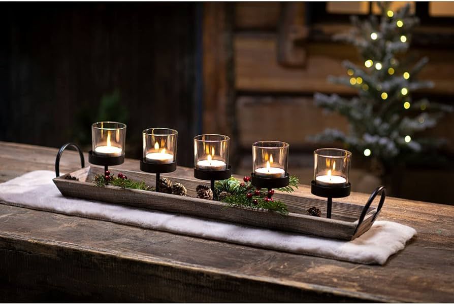 Westcharm Large 27.5 inch 5-Pillar Glass Candle Holder Set Centerpiece with Rustic Wood Tray for ... | Amazon (US)