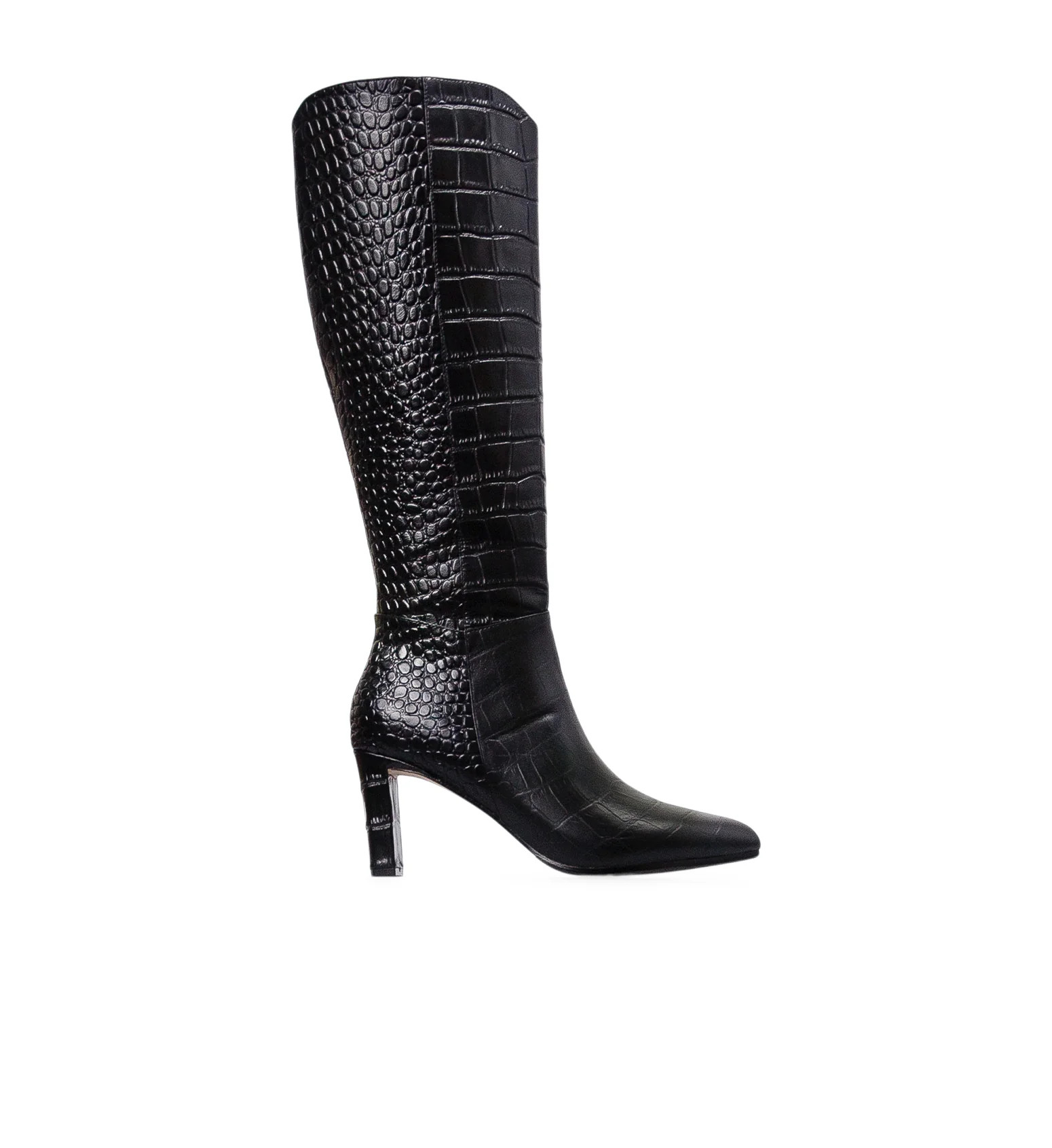 Wide Fit Black Croc Emboss Leather Heeled Boots | Bared Footwear
