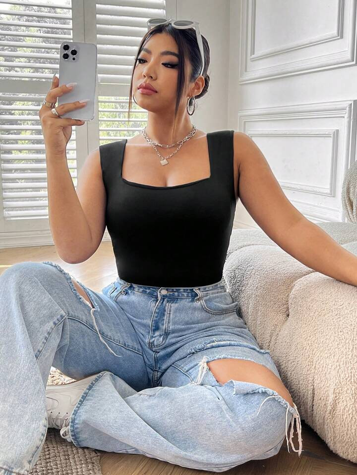 SHEIN EZwear Plus Size Slim Fit Bodysuit With Wide Straps | SHEIN