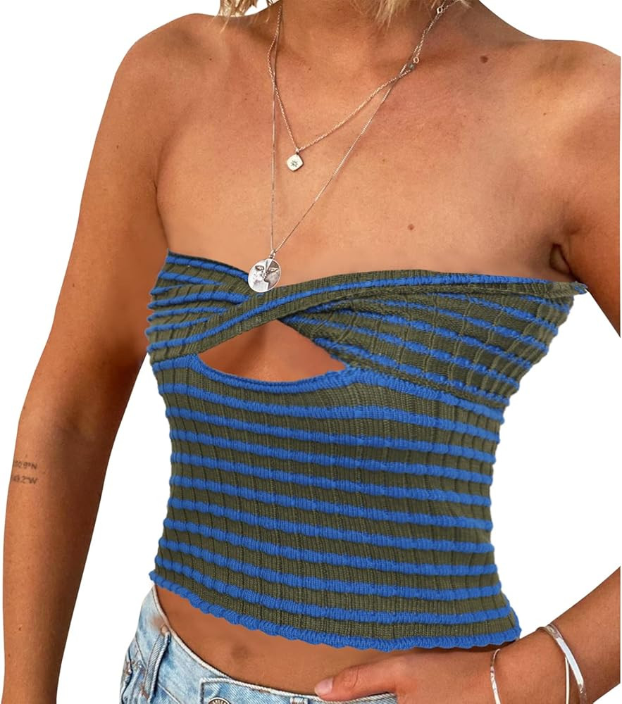 ACOSAP Women's Sexy Crop Top Sleeveless Striped Print Ribbed Knit Stretchy Strapless Tube Top | Amazon (US)
