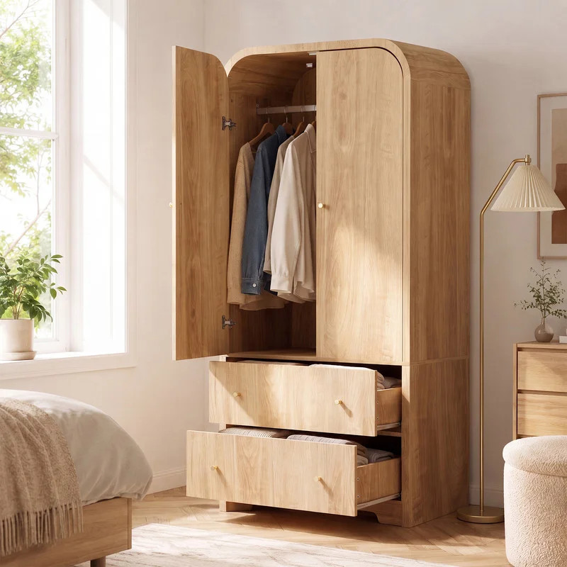 Modern Arched Wardrobe Closet - 70" Wardrobe Closet Armoire with 2 Doors & Hanging Rod, Wooden Armoire Wardrobe Closet with Drawers Tall Armoires Stor | Wayfair North America