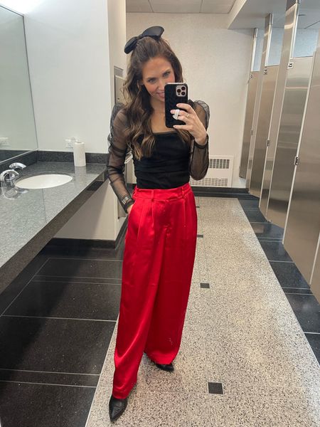 Holiday outfits 
Holiday party
Christmas outfit 
Nye outfit 
Red pants 
Black top 
Holiday look 
Office party outfit 

#LTKSeasonal #LTKHoliday #LTKworkwear