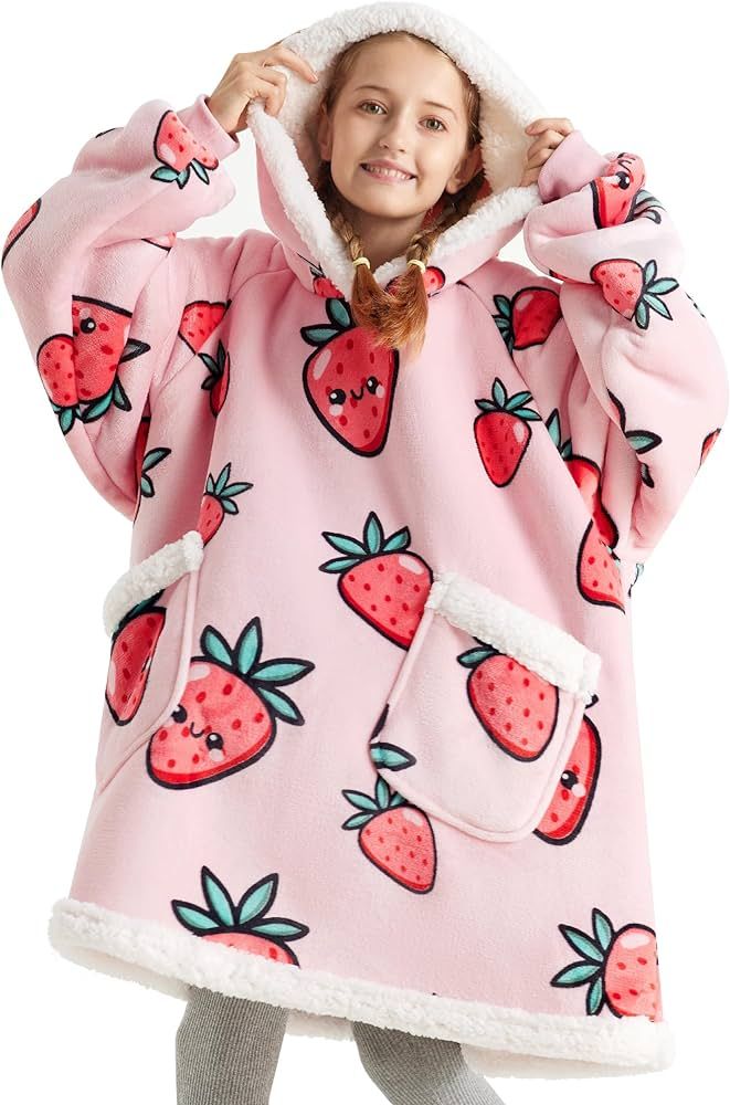Bedsure Kids Blanket Hoodie with Sleeves - Sherpa Hooded Blanket Pink as Strawberry Gifts for Dau... | Amazon (US)