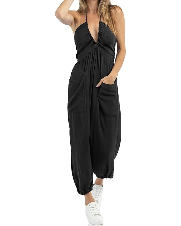 Cicy Bell Women's Sexy Halter Jumpsuits Casual Deep V Nevk Beach Jogger Long Pants Rompers | Amazon (US)