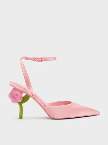 Pointed Flower-Heel Ankle-Strap Pumps
    
         - Pink | Charles & Keith US