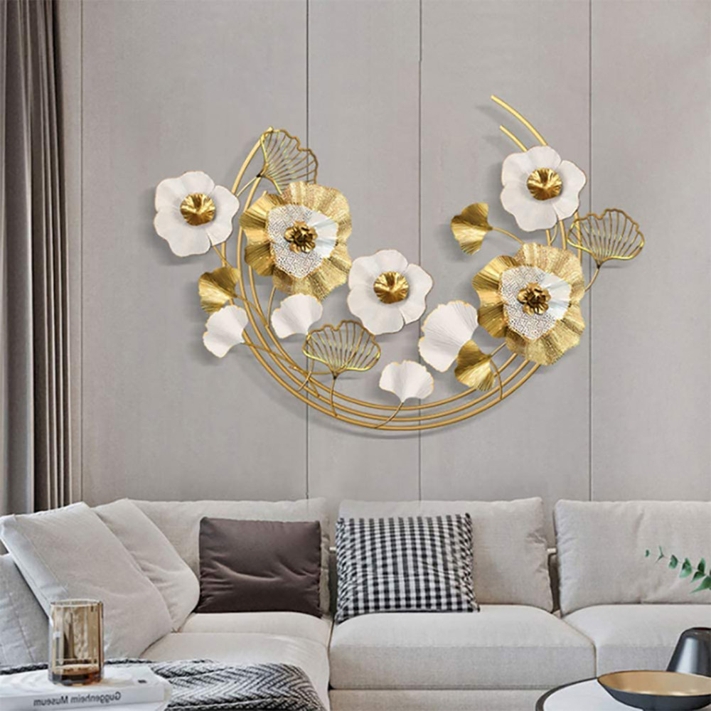 47.2"" Modern Metal Wall Decor Art with Gold & White Leaves & Flowers for Living Room | Homary