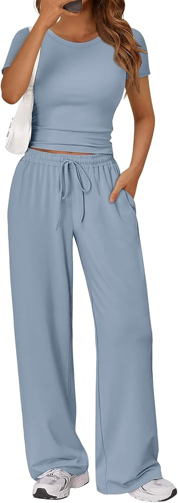 Trendy Queen 2 Piece Matching Summer Sweatsuit Lounge Set Womens Wide Leg Pants Side Ruching Crop... | Amazon (US)