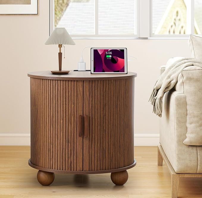 AVZEAR 24" Large Round End Table with Charging Station, Farmhouse Fluted Sofa Side Table with Sli... | Amazon (US)