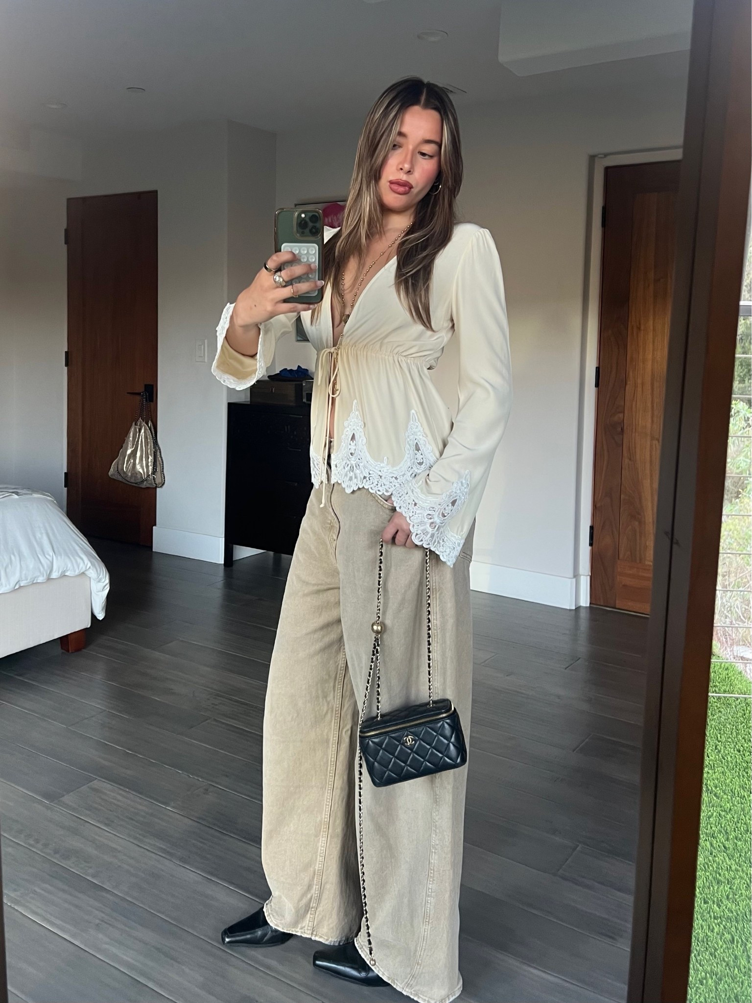 Neutral tones ootd⭐️ silk lace top baggy jeans and black accents

#LTKootd #LTKgrwm #LTKTall