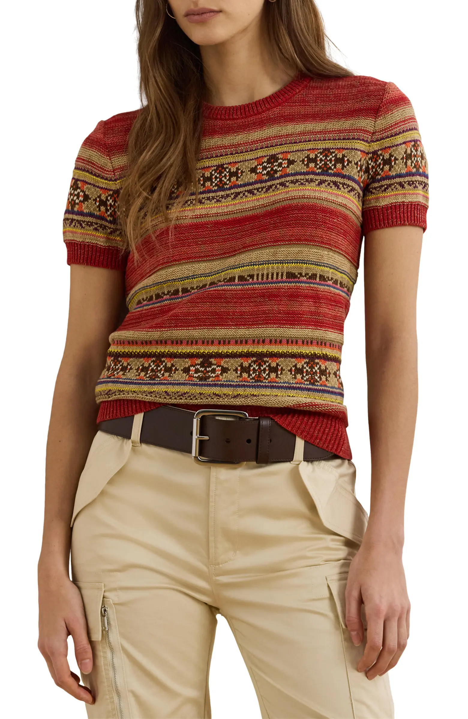 Lauren Ralph Lauren Geo Stripe Short Sleeve Sweater | Nordstrom | Nordstrom