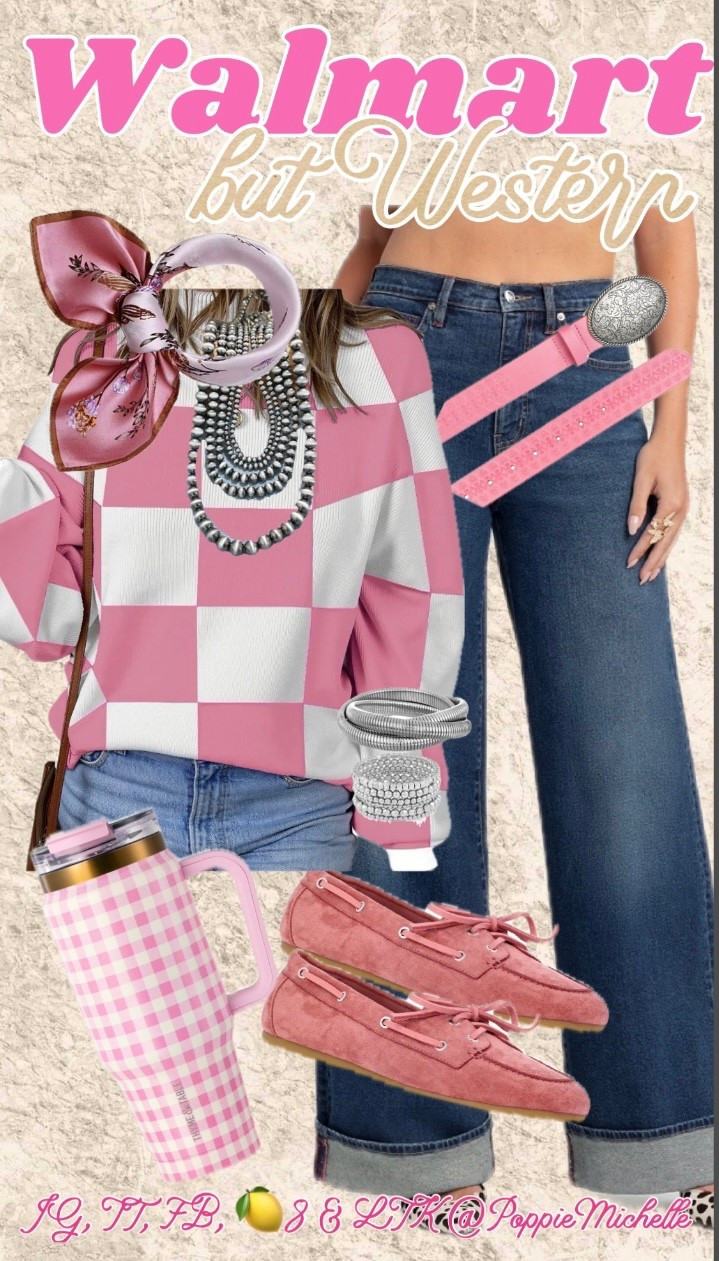 Walmart…but western!!

Pink and white checkered, oversized sweater, wide leg, dark Wash wide leg up shoes, wet boots, and white checkered 32oz tumbler 

I have this sweater in chocolate brown and black. It’s not as oversized as they describe. I wear a M and i ordered a Large. It’s not big enough for leggings as far as length goes  


#LTKootd #LTKValentine #LTKMidsize