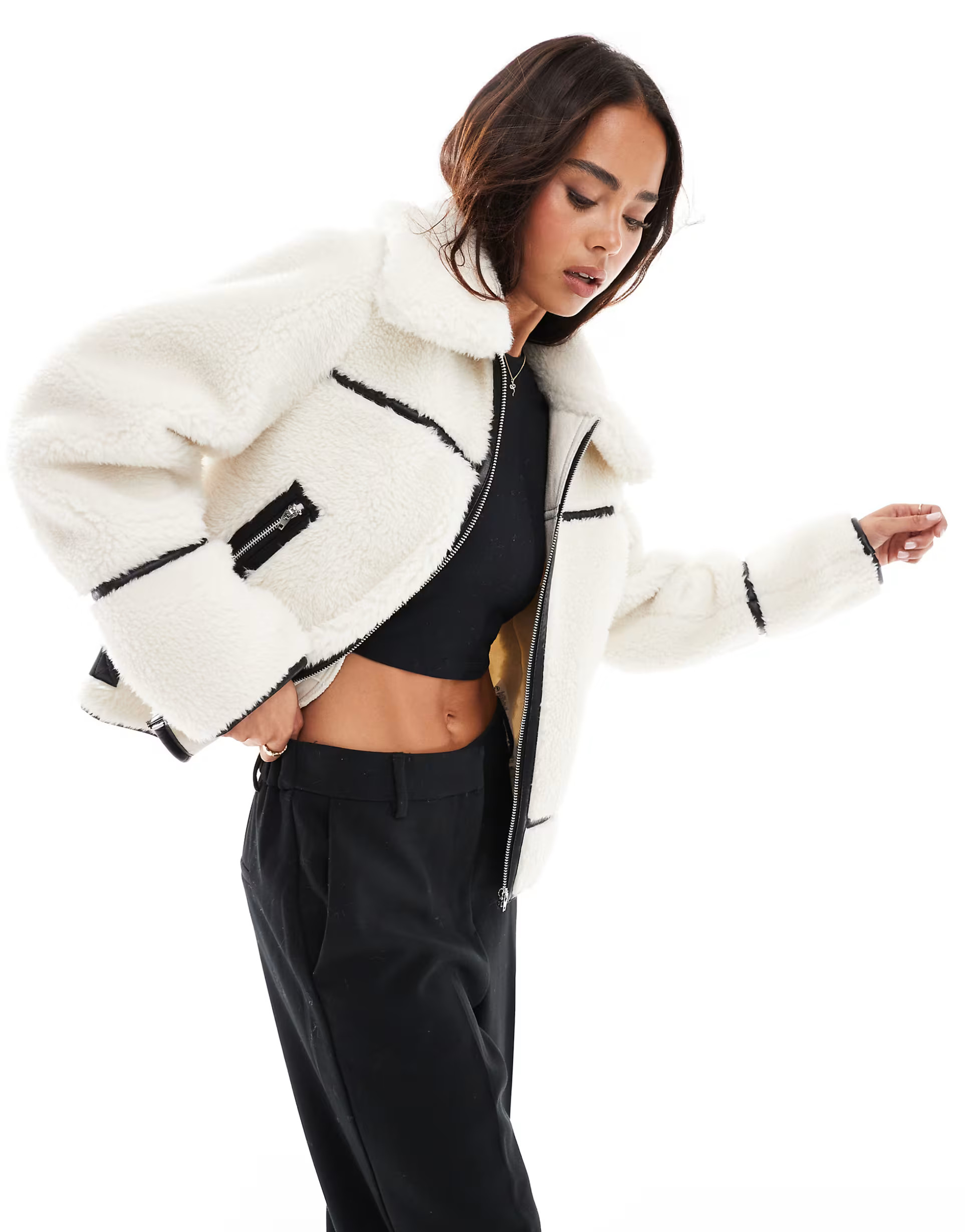 Miss Selfridge borg contrast trucker jacket in cream | ASOS (Global)
