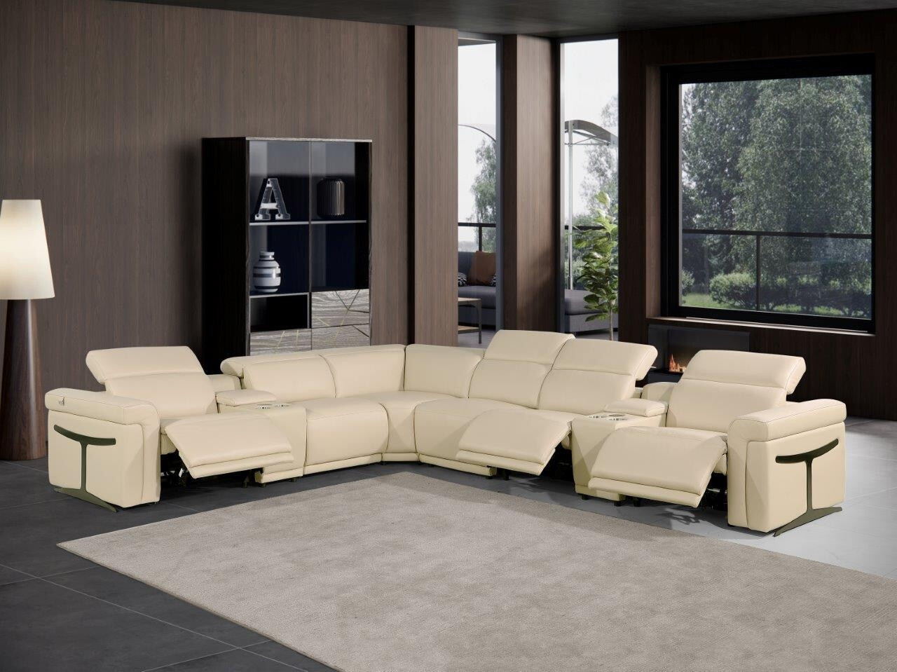 Italian Leather Modular L Shaped Eight Piece Corner Sectional with Console In Beige | 1stopbedrooms