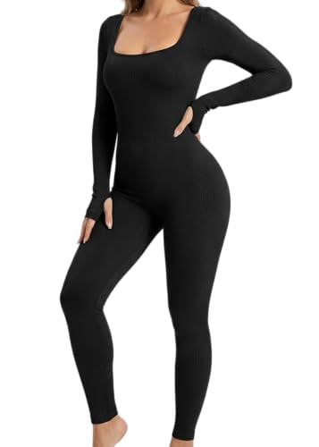 niyokki Black One Piece Jumpsuits for Women, Cute Long Sleeve Bodycon Sexy Jumpsuit Full Bodysuit Athletic Ribbed Workout Yoga Womens Jumpsuits (Black L) | Amazon (US)