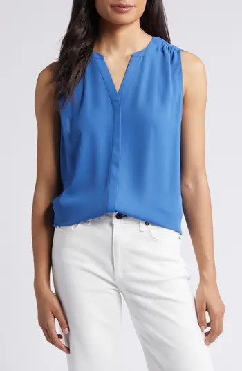 Print Pleat Back Sleeveless Split Neck Blouse | Nordstrom