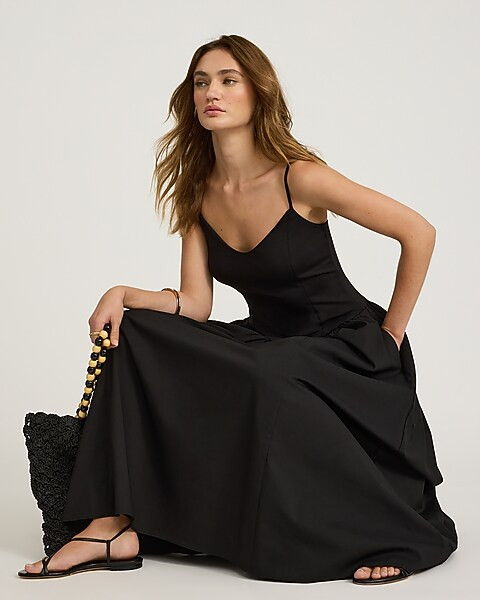 Mixed Media V-neck Sleeveless Drop Waist Midi Dress | Express