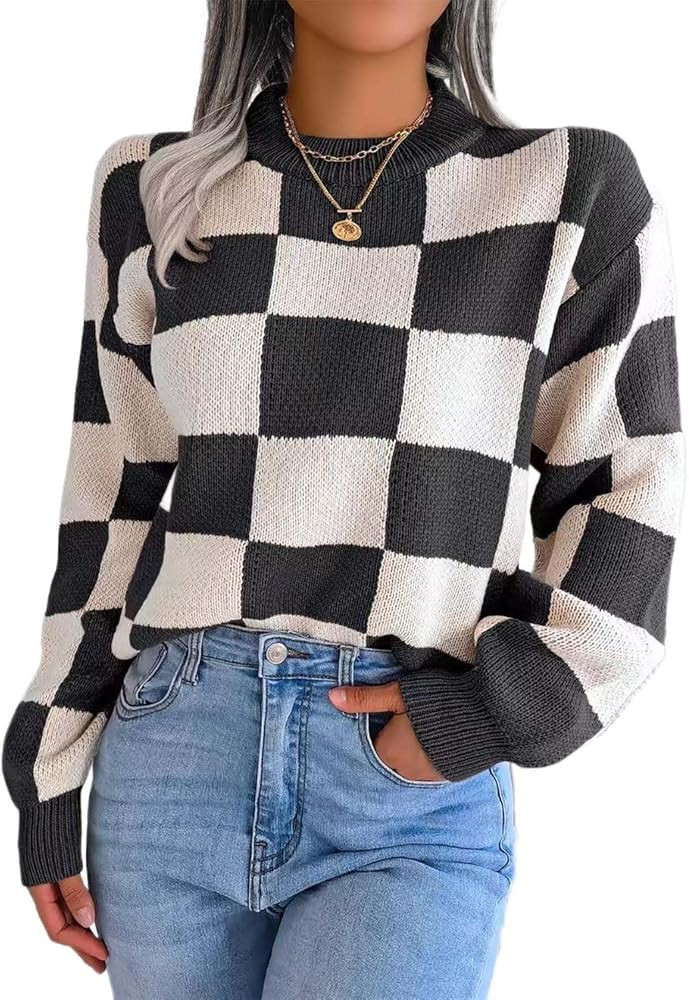 Women's Color Block Checkered Crew Neck Long Sleeve Y2K Plaid Knitted Pullover Sweater Tops Vinta... | Amazon (US)