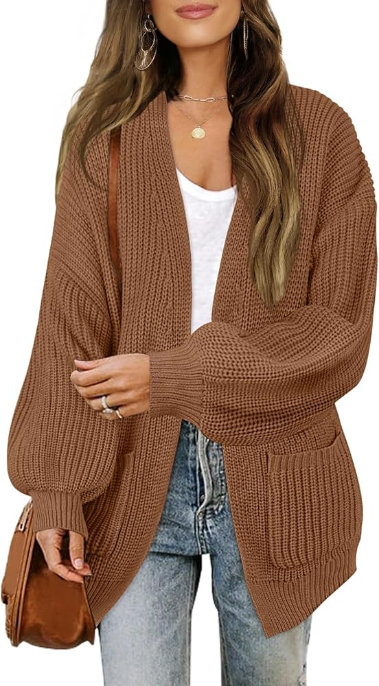 MEROKEETY Women's Fall Open Front Long Lantern Sleeve Cardigan Oversized Chunky Outwear with Pock... | Amazon (US)