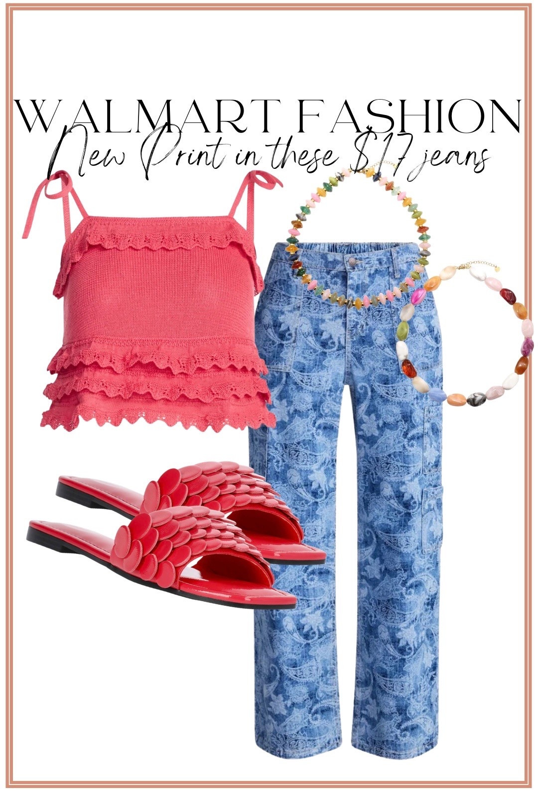🩷👖 Walmart just keeps surprising me with these new arrivals! This adorable coral knit tank is such a fun summer staple, and these printed jeans are definitely the star of the outfit. I love that they’re only $17 and add the perfect pop of personality while still being easy to style. Finished the look with the cutest statement slides for a fun, colorful outfit that’s perfect for summer.

These pieces are proof you don’t have to spend a fortune to wear cute, on-trend outfits! ✨

#walmartfashion #walmartfinds #walmartstyle #walmartnewarrivals #printedjeans #denimstyle #summerfashion #coraltop #colorfulstyle #affordablefashion #styleforless #lookforless #fashionfinds #casualstyle #everydayoutfit #weekendstyle #ootd #outfitinspiration #walmartclothing #summeroutfit #statementjeans #budgetfriendlyfashion #womenstyle #trendingfashion #fashionover30 #cuteoutfit #affordablestyle #jeanslover #sandals #shopwithme

#LTKootd #LTKPetite
