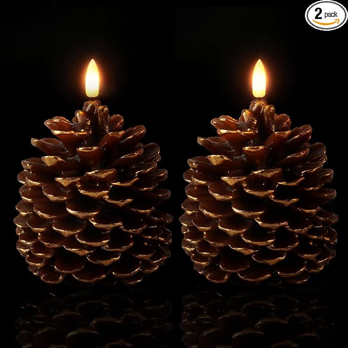 Homemory 2 Pcs LED Pine Cone Candles, Flameless with 6H Timer, Battery Operated Flickering Candle... | Amazon (US)