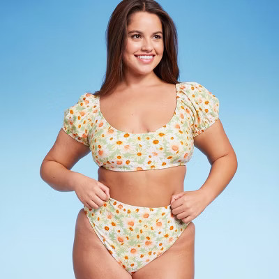 Women's Puff Sleeve Bikini Top - Wild Fable™ Green Daisy Print | Target
