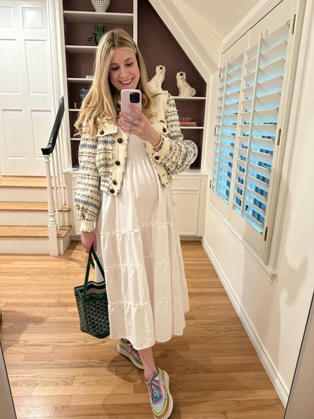 Current go to outfit at 8 months pregnant! This dress is perfect for maternity and love throwing different blazers over this dress with sneakers. I feel put together and comfortable! 🩷 exact dress linked and linked some more fun tweed blazers (mine is old)  that will be perfect for this spring! 

#LTKstyletip #LTKbump