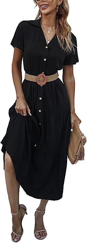 iRACHEU Women's Summer Bohemian Ruffle Dress V Neck Short Sleeve A-Line Swing Midi Sun Dress with... | Amazon (US)