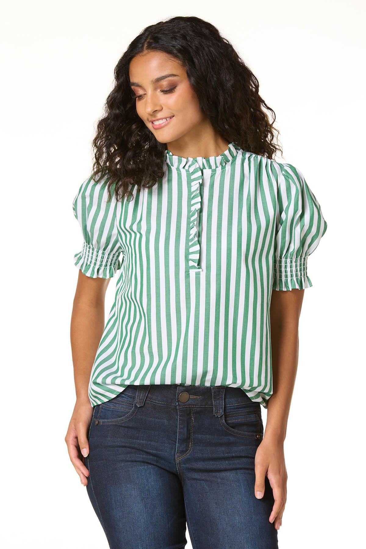 Ruffled Green Stripe Top | Cato Fashions