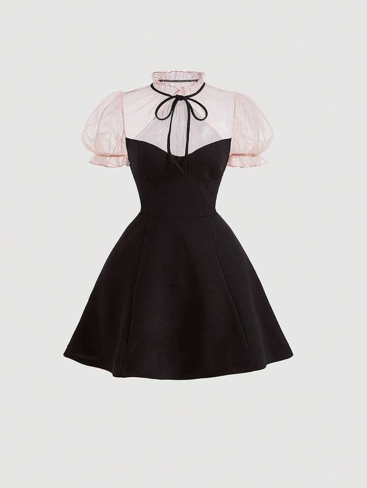 SHEIN MOD Contrast Mesh Puff Sleeve Tie Neck Dress | SHEIN