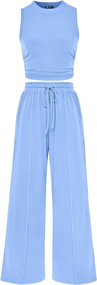Amazon.com: PRETTYGARDEN Women's Summer 2 Piece Outfits Ribbed Knit Lounge Sets Tracksuit Sleevel... | Amazon (US)