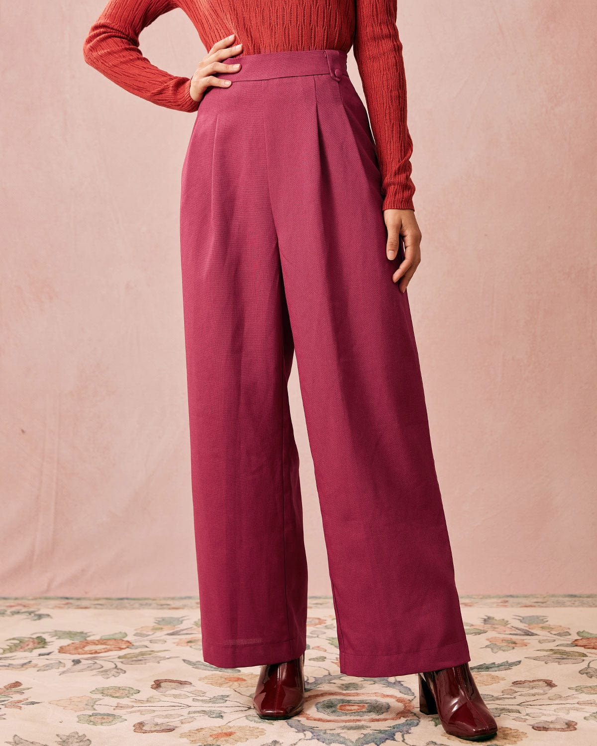 The Red High Waisted Straight Leg Pants & Reviews - Wine Red - Bottoms | RIHOAS | rihoas.com