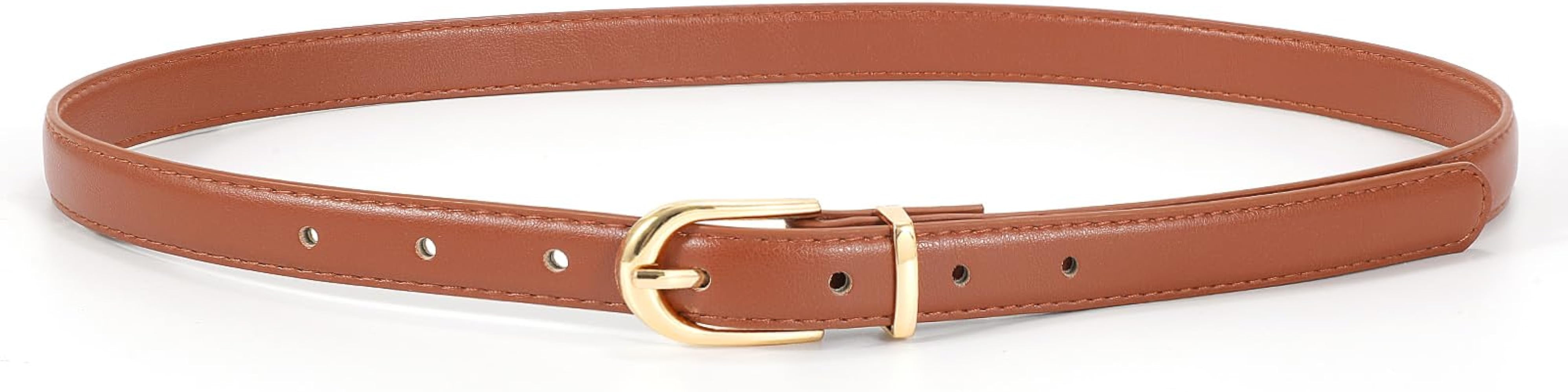 JASGOOD Womens Thin Leather Belt Skinny Faux Leather Belt for Jeans Dress with Gold Alloy Buckle | Amazon (US)