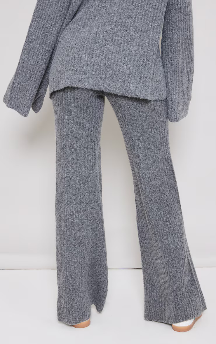 Tall Charcoal Luxe Rib Knit Wide Leg Trousers | PrettyLittleThing UK