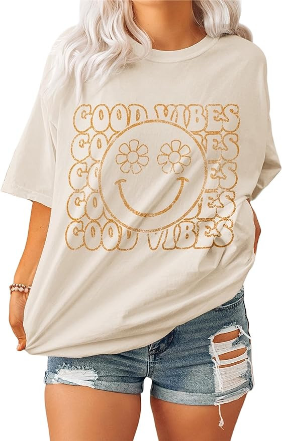 Good Vibes Smiley Face Oversized Womens Graphic T Shirt | Amazon (US)