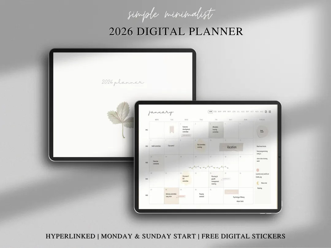 2026 Simple Minimalist Digital Planner | Goodnotes | Notability | FREE Stickers | Monday & Sunday... | Etsy (US)