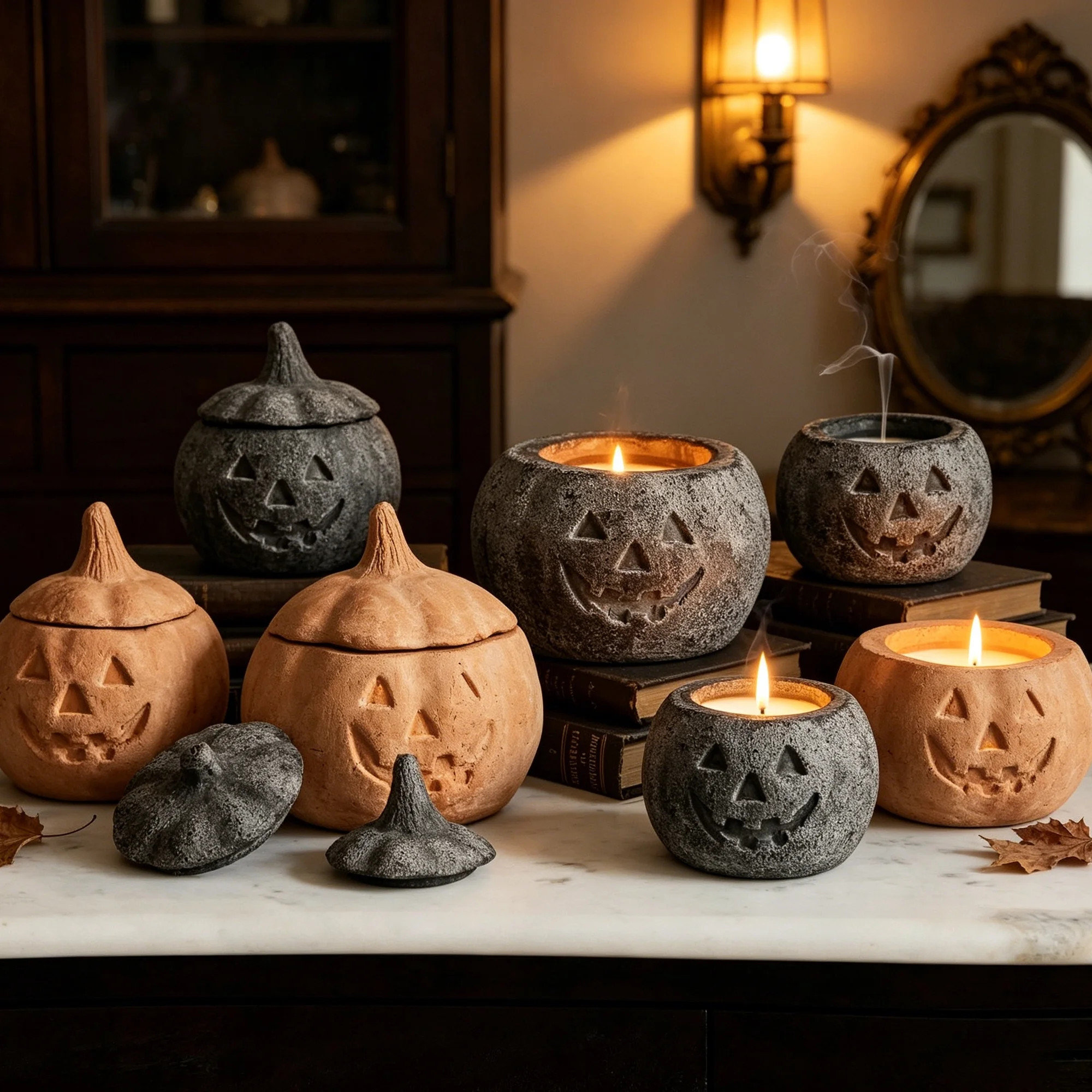 QLUEWX Terracotta-Effect Pumpkin Lantern Candle, Halloween Resin Carved Pumpkin Candle with Stem ... | Walmart (US)