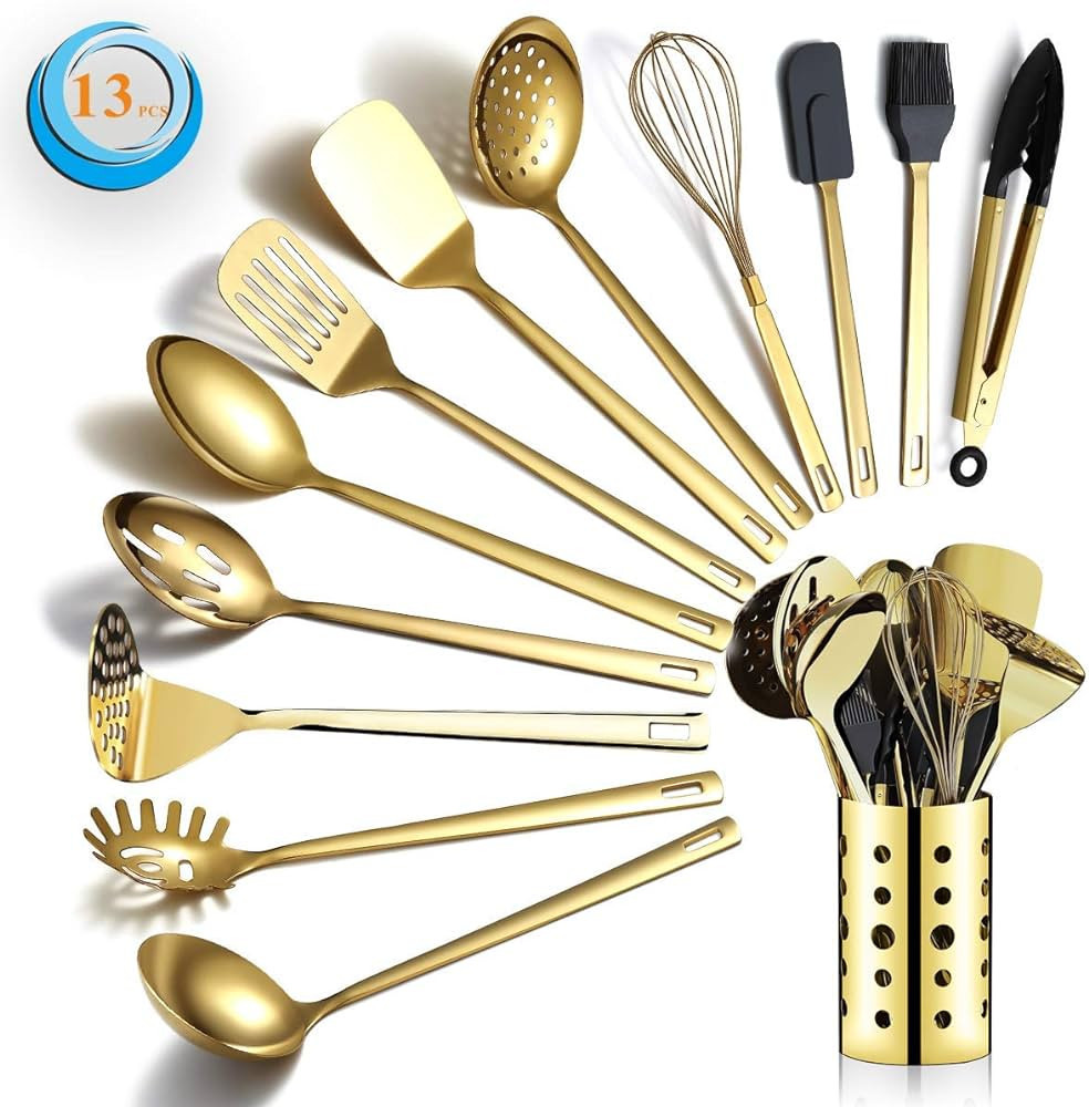 Berglander Gold Cooking Utensils Set, Stainless Steel 13 Pieces Kitchen Utensils Set with Titaniu... | Amazon (US)
