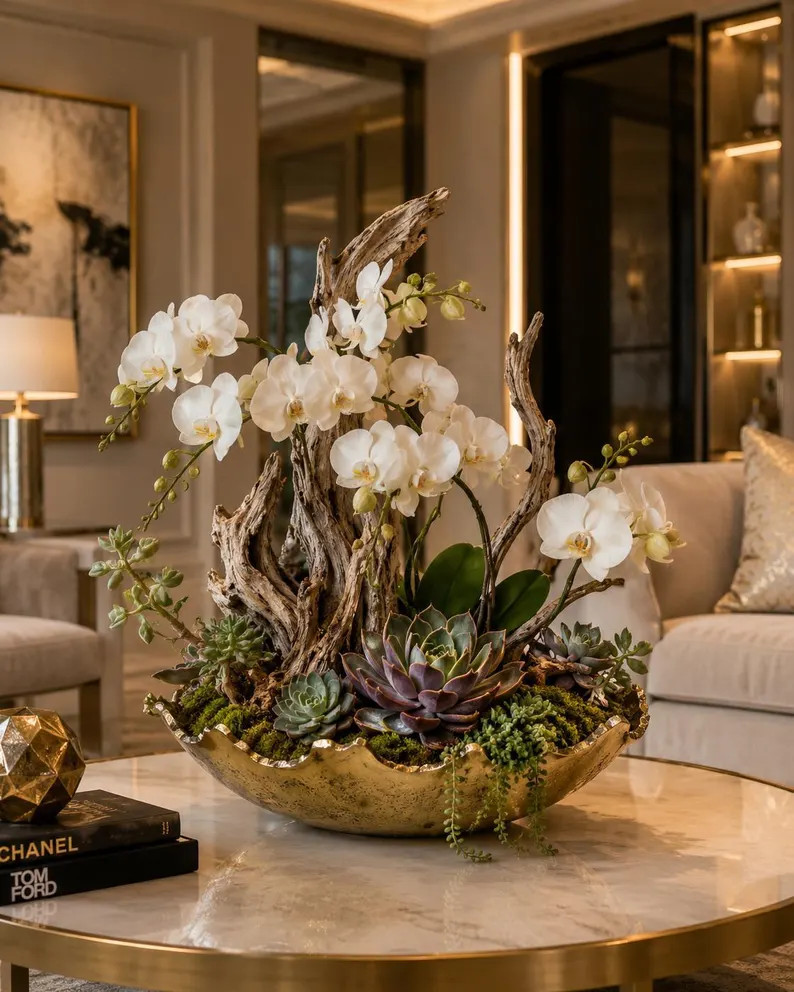Luxury Driftwood Bowl Arrangement: Faux Orchids, Succulents, Elegant Centerpiece | Etsy (Global)