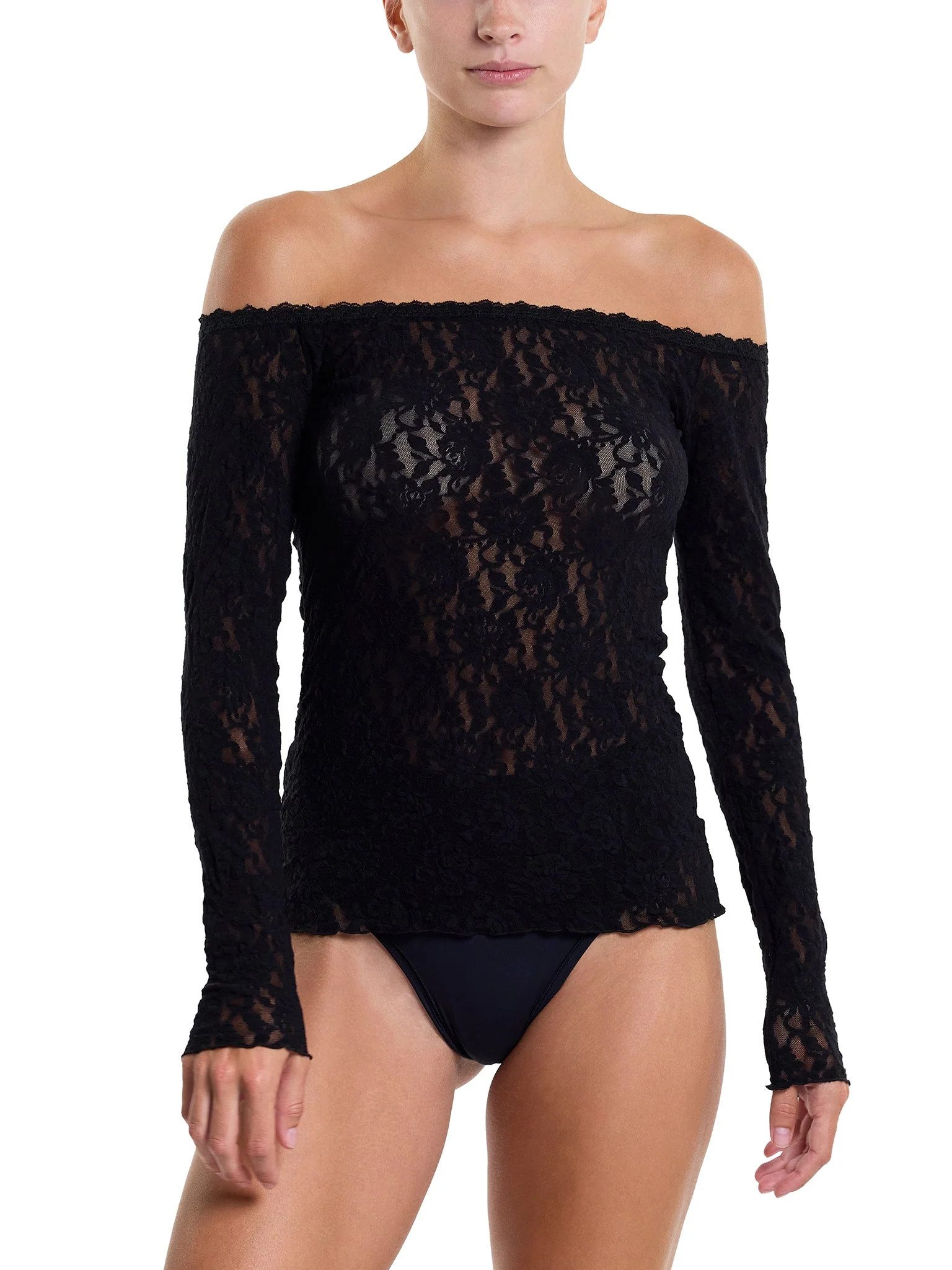 Signature Lace Off The Shoulder Long Sleeve Top Black | Hanky Panky