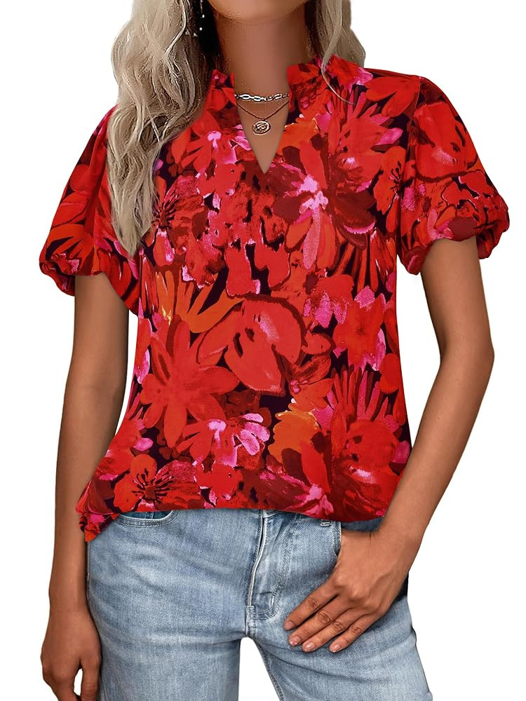 MASCOMODA Boho Short Sleeve Floral Work Blouses for Women Dressy Casual V Neck Puff Sleeve Loose ... | Amazon (US)